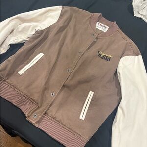 GUESS Men's Tan and White Bomber Jacket